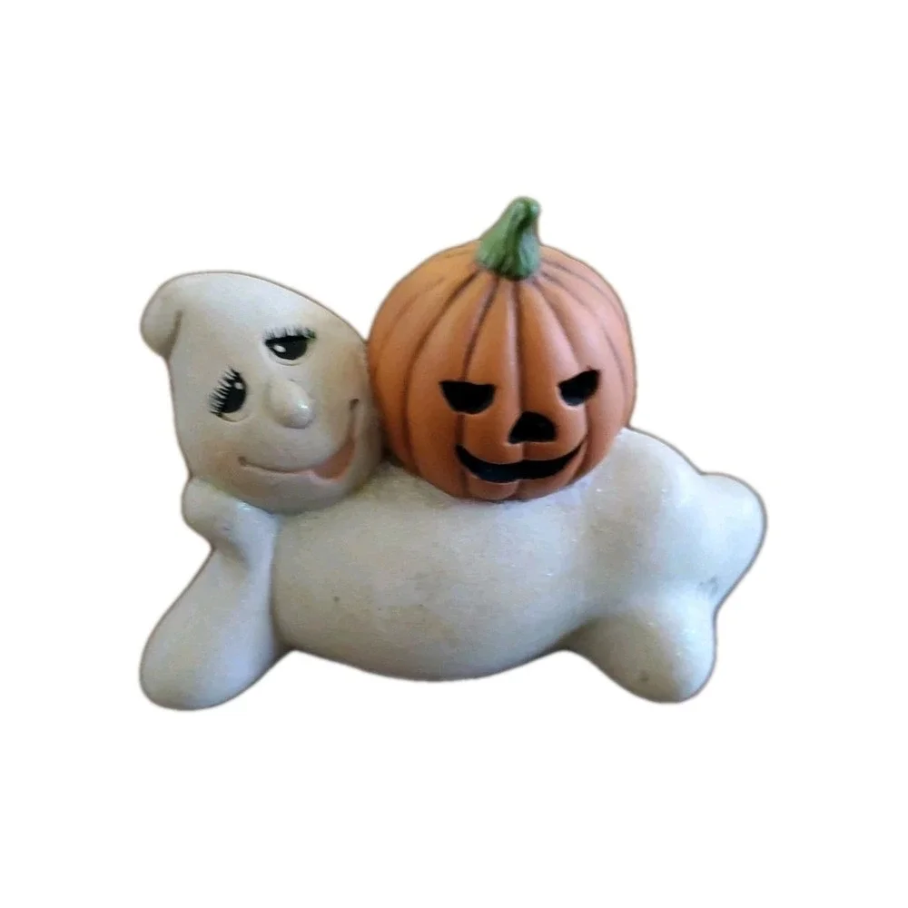 Painted Ghost With Jack O Lantern Pumpkin Figurine Halloween Decor